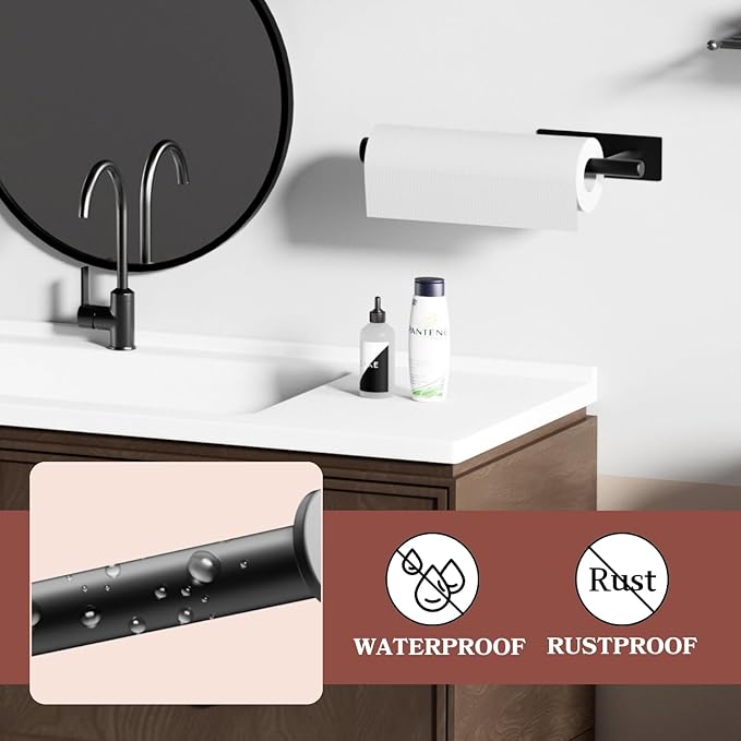 Kitchen Paper Towel Holder - Under Cabinet Stick-on Towel Rack for Hanging Paper - First Apartment Essentials Wall Mount Self Adhesive 304 Stainless Steel Rack Fits for Kitchen, RV, Dark Black
