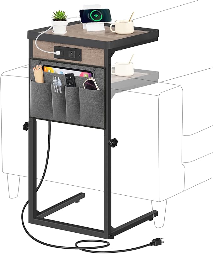 HOOBRO C-Shaped Side Table with Charging Station, 29.5” Sofa End Table Adjustable Height, Small Slide Under Couch Table for Sofa Arm Tray, for Living Room, Bedroom, Greige and Black BG78USF01