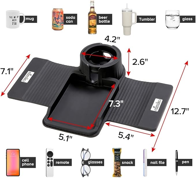 Couch Cup Holder Tray, Elimiko Silicone Sofa Drink Holder with Large Cup Holder and Tray, for Oversized Mugs/Long Remote/Snacks/Cellphone (Black)