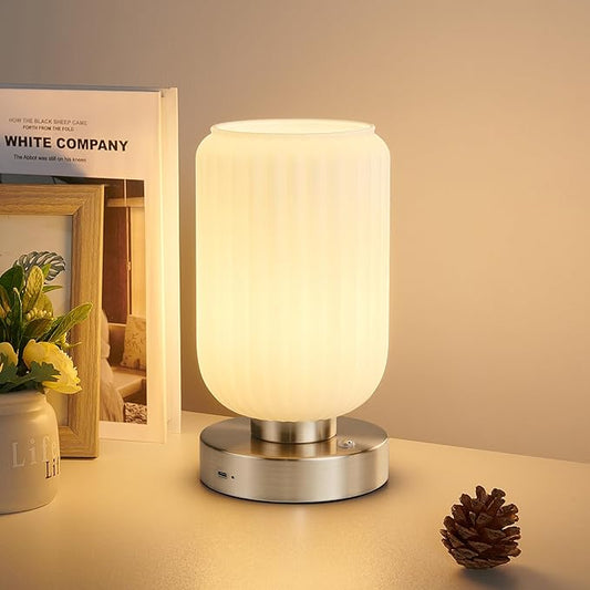 LightRound Cordless Table Lamp for Bedroom, 7500mAh Rechargeable Small Battery Lamp, Modern Touch Dimmable Wireless Lamp Brushed Nickel Base White Glass Shade for Living Room, Desk, Led Bulb Included