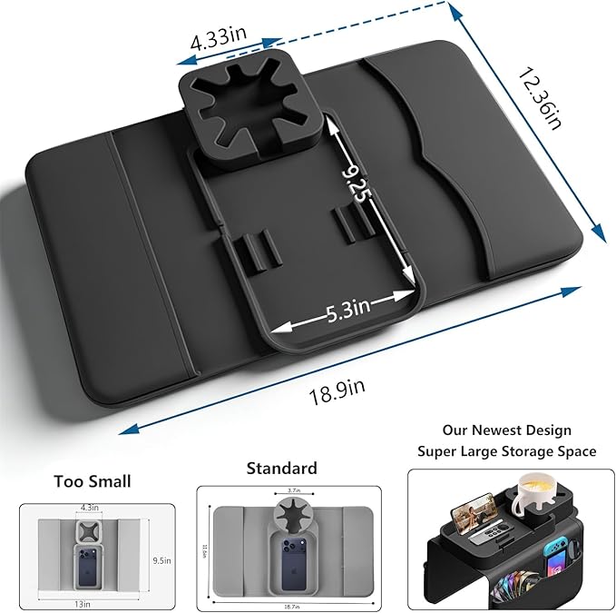 Silicone Couch Cup Holder Tray with Tablet & Phone Stand, Anti-Slip Sofa Arm Organizer with Dual Side Pockets for Remotes, Snacks, Headphones, Glasses, Drinks (Black)