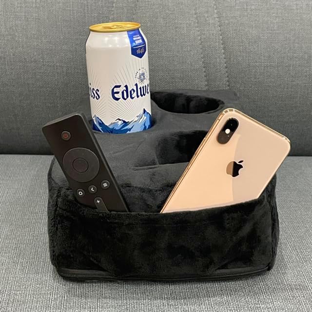 Couch Cup Holder Pillow, Couch Drinks Remotes Holder for Center of Couch, for Sofa, Bed, RV, Car (Black)