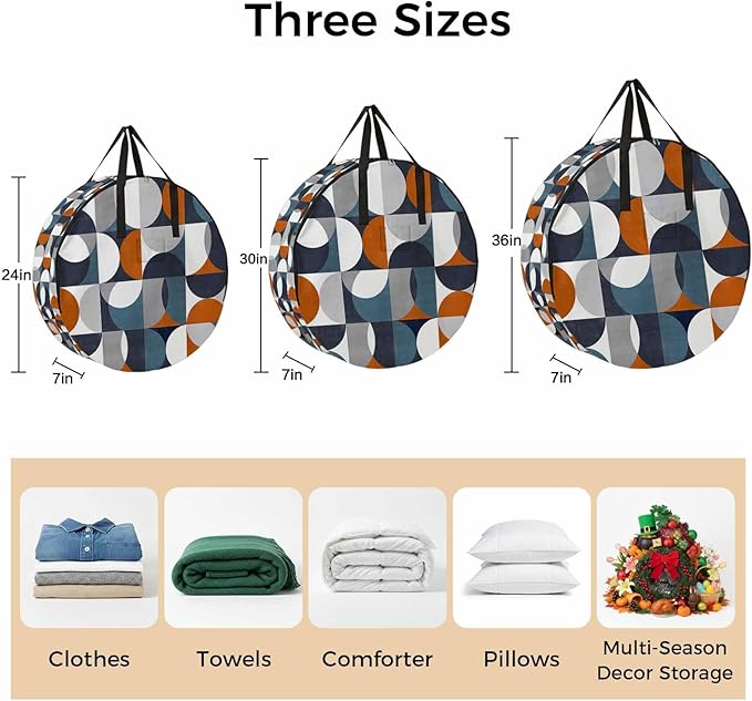 Storage Bag Mid Century Geometric Round Storage Totes Bins Closet Organizers with Zippers & Handle Abstract Modern Orange Blue Clothes Storage Container for Bedroom Dorm Space Saving Packing Supplies