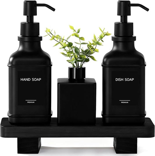 Modern Kitchen Soap Dispenser Set with Wood Tray, Black Glass Soap Dispenser with Pump, Decorative Hand and Dish Soap Dispenser Set, Soap and Lotion Dispenser Upgrade for Kitchen and Bathroom Decor