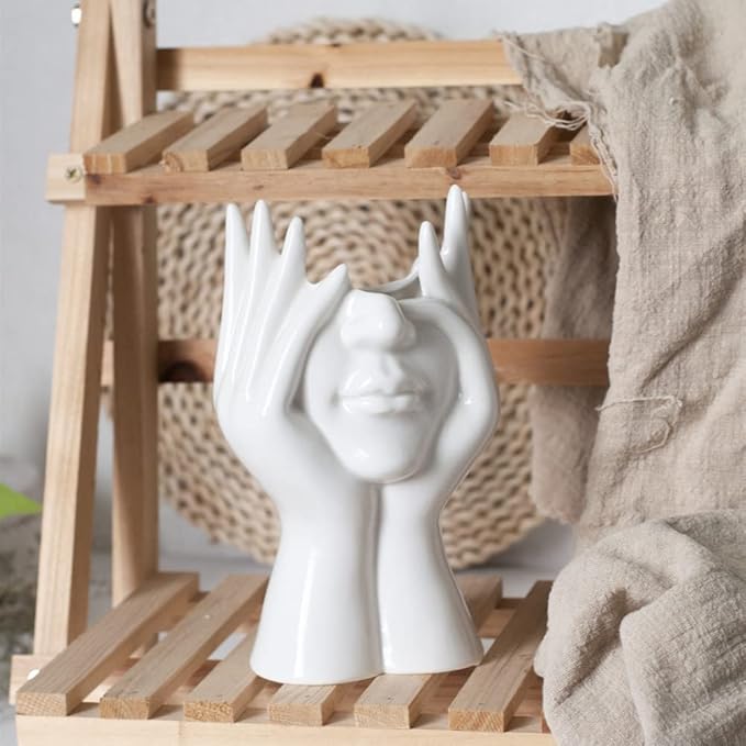 Ceramic Face Vase, White Flower Vases for Decor Female Form Head Half Body Vase Boho Unique Decorative Modern Style for Home Living Room Office Book Shelf (Medium)
