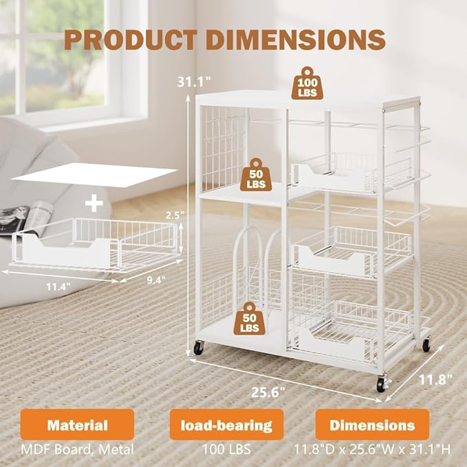 Wrapping Paper Organizer Storage with Wheels, Rolling Gift Wrap Cart with Ribbon and Gift Bag Storage, Craft Organization with 20 Roll Holders and 3 Drawers, White
