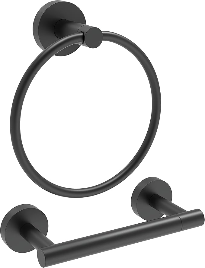 RARXTR Matte Black Toilet Paper Holder & Towel Ring SUS304 Stainless Steel 2pc Bathroom Hardware Set with Double Post Pivoting Toilet Paper Roll Holder Wall Mount & Bathroom Towel Holder Set