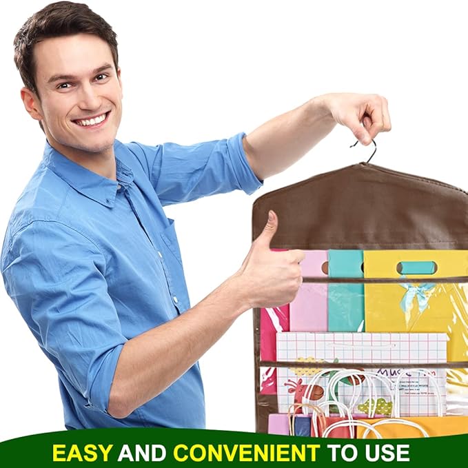 ProPik Hanging Double Sided Gift Bag Storage Organizer with Multiple Front and Back Pockets - Organize Your Gift Wrap, Tissue Paper, and Paper Bags 38 x 16 Inch PVC (Brown)