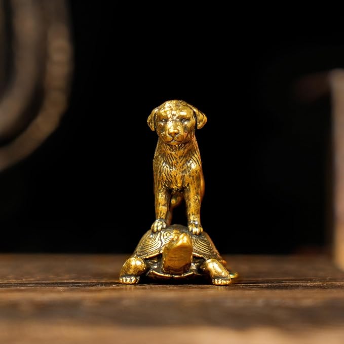 Retro Handcrafted TurtleTop Pup Statue - 100% Solid Brass Desk Decor | Vintage Style Collectible Art Piece for Home & Office | Unique Gift for Animal Lovers, Elegant Tabletop Sculpture