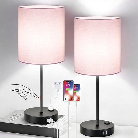 Lynnoland Set of 2 Touch Control Table Lamps, 3-Way Dimmable Bedside Nightstand Lamps for Bedroom Living Room Nursery, 800 Lumens 5000K Warmlight Bulbs Included