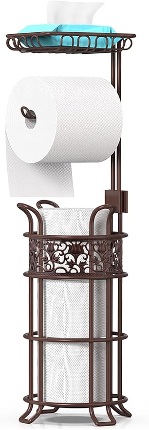 Upgraded Toilet Paper Holder Stand for Bathroom, Holds 3 Big Rolls of Jumbo Mega Paper, Top Shelf for Wipes Tissue, Sturdy Freestanding Paper Roll Dispenser, Floral Pattern, Bronze Red