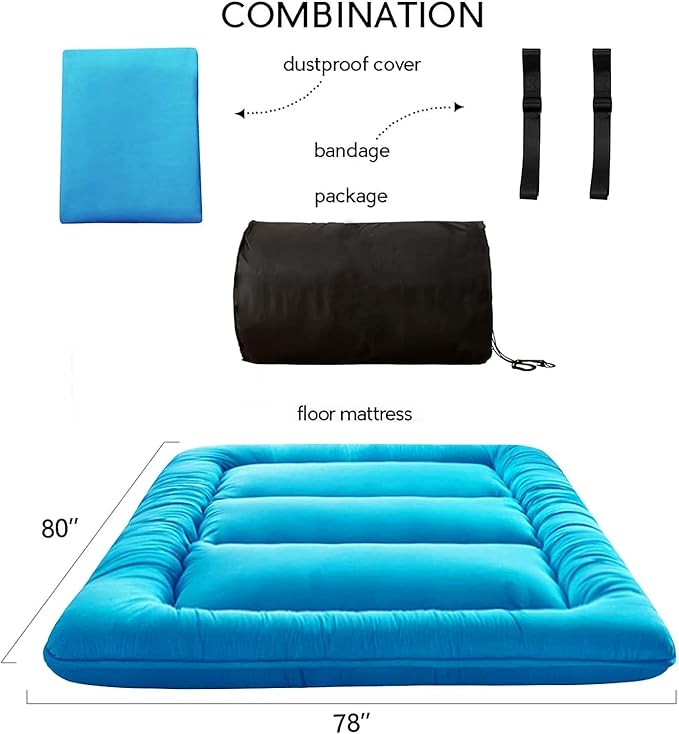 MAXYOYO Japanese Floor Mattress Futon Mattress, Thicken Tatami Mat Sleeping Pad Foldable Roll Up Mattress Boys Girls Dormitory Mattress Pad Kids Floor Lounger Couches and Sofas, Turquoise, King