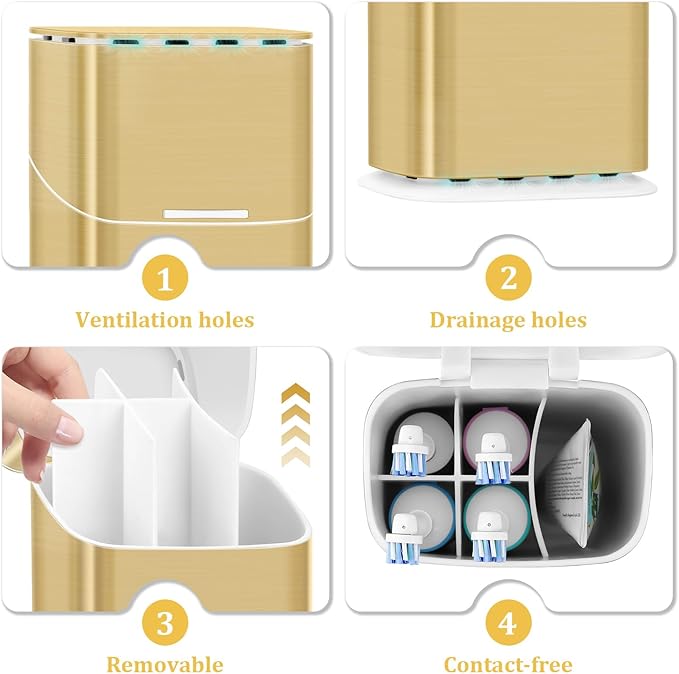GFWARE Gold Electric Toothbrush Holders - Covered Toothbrush Holder for Bathrooms with Drainage, Dust Proof Toothbrush Holder with Lid, Bathroom Toothbrush Organizer