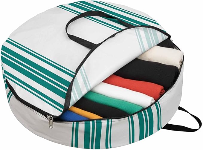 Storage Bag Teal Green Stripes Round Storage Totes Bins Closet Organizers with Zippers & Handle Simple Style Clothes Storage Container for Bedroom Dorm Space Saving Packing Supplies Moving Bags