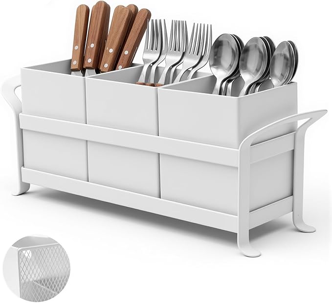 Utensil Holder Mesh Drainage Holes, 3pcs Bins Set Countertop Utensil Holder for Spoons, Forks and Knives, Cutlery Organizer Suitable for Party, Kitchen Counter, White