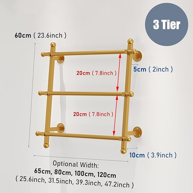 Ribbon/Wrapping Paper Organizer Scarf Shelf 3 Tier,Wall Mount Metal Towels Display Rack,Cakes/Flowers/Gift Shop,Gold,120X60Cm/47.2X23.6In