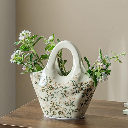 for Mom from Daughter or Son, Ceramic Purse Vase 9”, Vintage Green & Beige Floral Handbag Vase, Rustic Farmhouse Decor for Living Room, Bedroom, Table Centerpiece, Chinoiserie Style