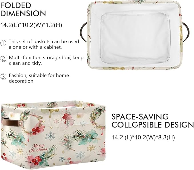Christmas Storage Bins, Collapsible Canvas Organizer Baskets with Handles, 14.2x10.2x8.3 Inches, Holiday Pattern, Water-Resistant, for Home Bedroom Closet