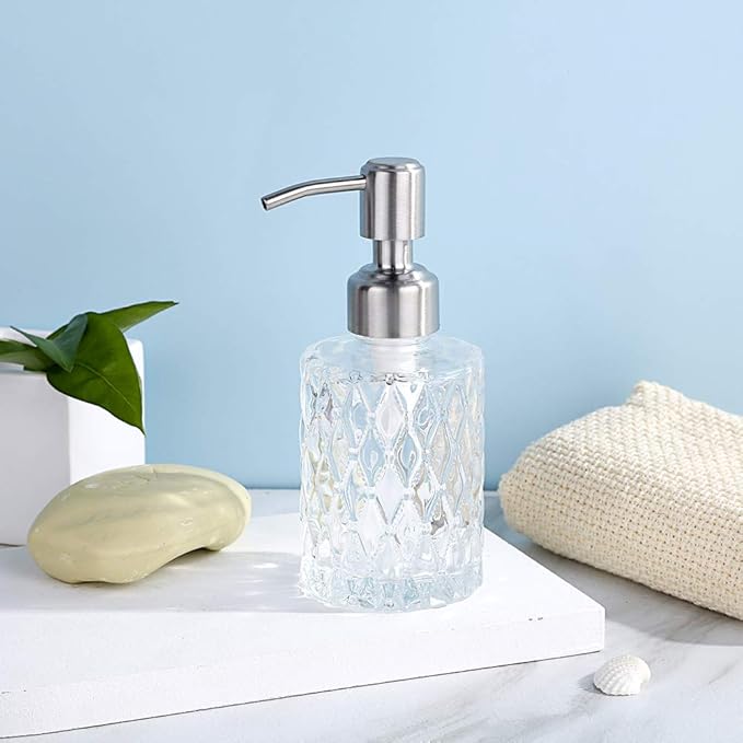 YunNasi Soap Dispenser with Stainless Steel Pump, Clear Crystal Design, Vintage and Elegant, Refillable Liquid Hand Soap Dish Soap Dispensers for Bathroom Counter, Kitchen Sink (Style2)