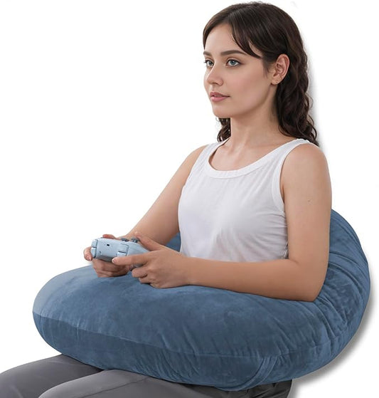 QUEEN ROSE Reading Pillow, Gaming Pillow for Lap, Sitting in Bed or Sofa, Extra Arm Rest for Reading, Playing or Crocheting, Soft Velvet Blue