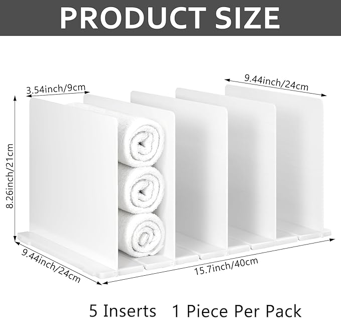 Towel Organizer for Closet, White Interlocking Towels Rack Storage, Space Saving Bathroom & Cabinet Under Sink Closet Towel Organizer, Beach & Bath Towel Holder (Partition 5)