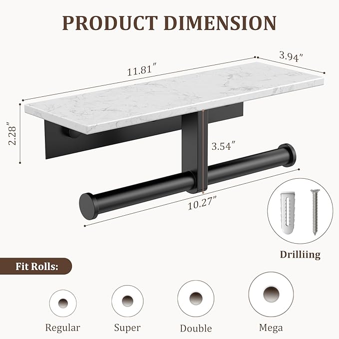 BWE Double Toilet Paper Holder with Shelf, Wall Mounted Tissue Roll Holder for Bathroom, Commercial Toilet Paper Dispenser, Marble Toilet Paper Storage Holder with Phone Shelf (Matte Black)