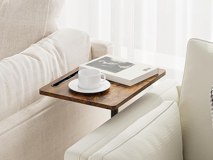 Masupu Sofa Arm Tray Table - 360° Swivel Height Adjustable End Table, Small Snack Side Table for Couch, C Shaped Table for Bed, Chair or TV Tray Table(Rustic Brown)