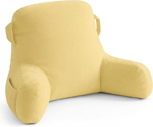 Unisakey Portable Comfy Reading Pillows for Bed Sitting Up(Yellow Oeko-Tex), Velvet Back Pillow with Arms & Pockets for Adults, Support Memory Foam Bed Pillow for Dorm/Reading/Watching/Gaming
