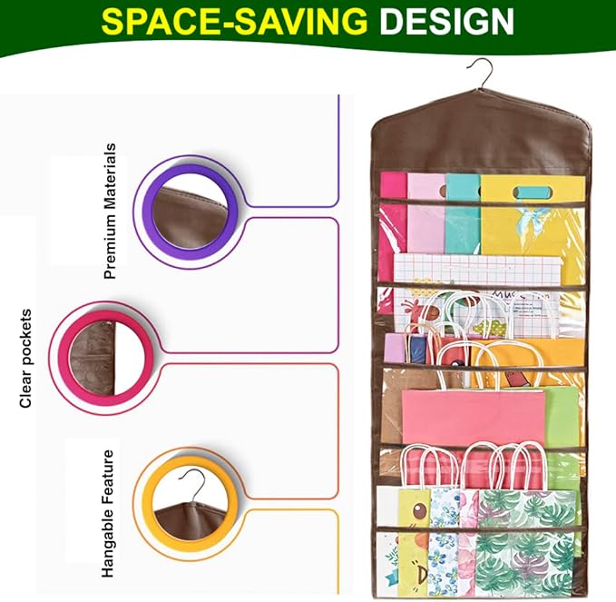 ProPik Hanging Double Sided Gift Bag Storage Organizer with Multiple Front and Back Pockets - Organize Your Gift Wrap, Tissue Paper, and Paper Bags 38 x 16 Inch PVC (Brown)