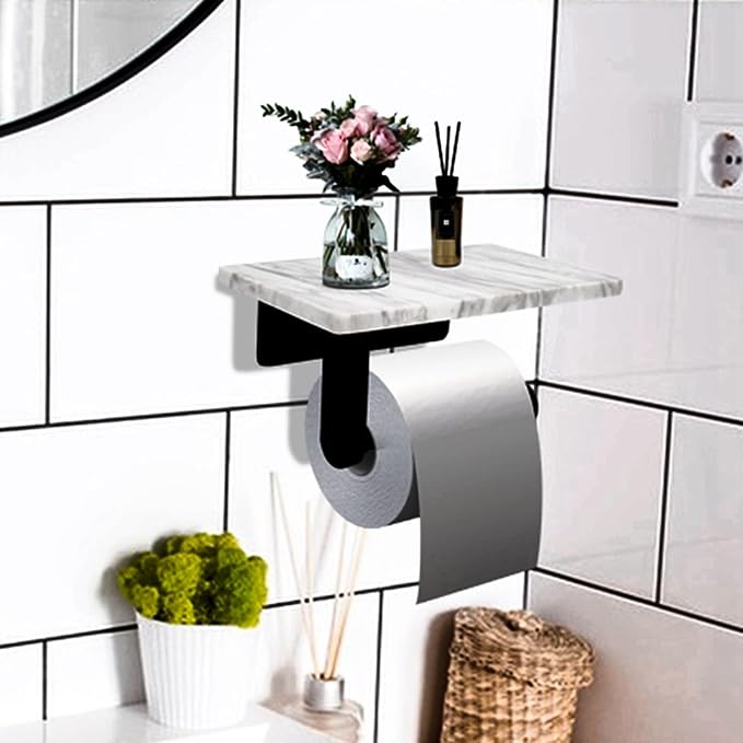 Toilet Paper Holder with Natural Marble Shelf for Bathroom Washroom,Wall Mounted Tissue Holder Suitable for Mega Rol(Middle 7.87 * 4.72 in, Matte Black)