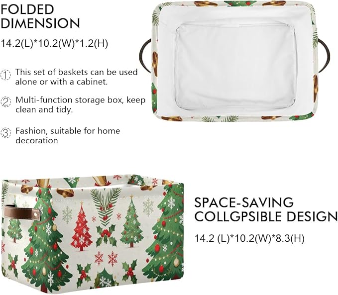 Christmas Storage Baskets with Handles, Decorative Collapsible Fabric Bins for Home Organization, Holiday Tree Pattern, 14.2x10.2x8.3 Inches