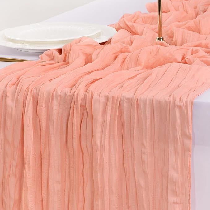 Socomi 6pcs Coral Peach Easter Spring Cheesecloth Table Runner Boho Rustic Gauze 120 inch 10FT Cheese Cloth Runner for Wedding Party Baby Shower Birthday Home Decor Holiday Decorations