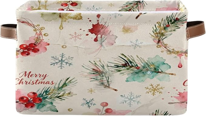 Christmas Storage Bins, Collapsible Canvas Organizer Baskets with Handles, 14.2x10.2x8.3 Inches, Holiday Pattern, Water-Resistant, for Home Bedroom Closet
