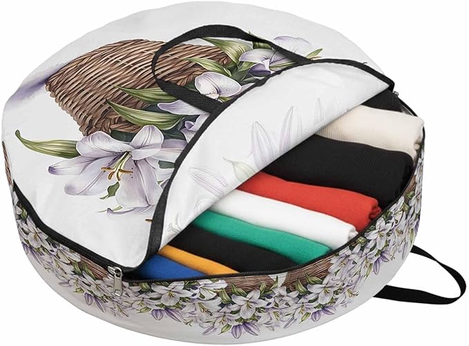 Spring Lily Round Storage Bag 30 Inch, Retro Flowers Basket Clothes Storage Container with Handles Heavy Duty Organizer for Comforter, Bedding & Holiday Wreaths