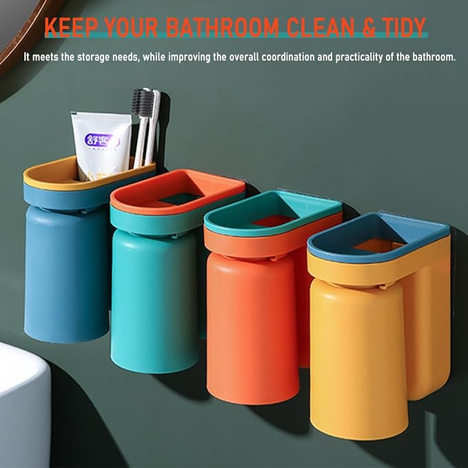 Toothbrush Holder Wall Mounted with Cup,2-in-1 Toothbrush Holders & Cups Set,Inverted Design for Easy Cleaning and draining,Stick-on Toothbrush Holder for Bathroom (Green+Yellow)