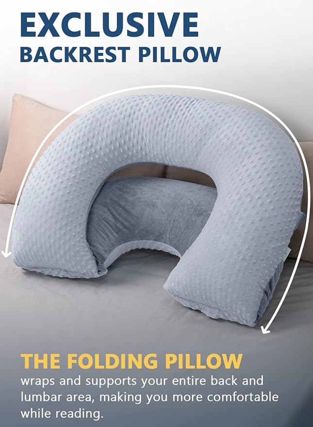 INSEN Reading Pillow, Back Pillow for Sitting in Bed for Reading, Nurse & Relax, Reading Pillow for Adults, Moms & Kids, Sit Up Pillow for Bed, Double-Sided Gray