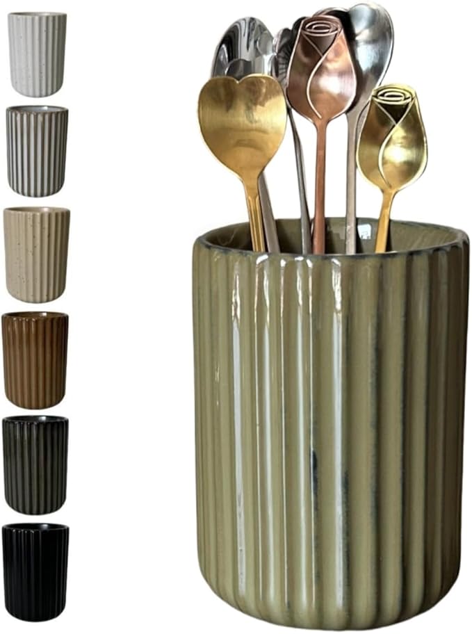 TOPYOKK Stoneware Coffee Bar Utensil Holder Tea & Coffee Spoon & Stirrer Holder for Stir Stick Straw Teaspoon Holder Spoon Cup Small Utensil Jar Fluted Vertical Stripe (Retro Green)