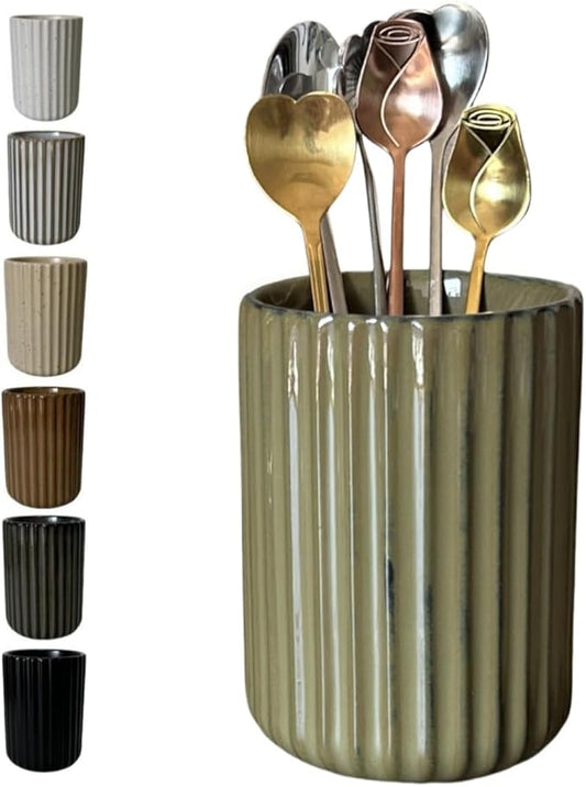 TOPYOKK Stoneware Coffee Bar Utensil Holder Tea & Coffee Spoon & Stirrer Holder for Stir Stick Straw Teaspoon Holder Spoon Cup Small Utensil Jar Fluted Vertical Stripe (Retro Green)