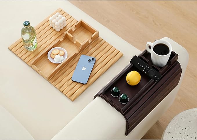 Bamboo Couch Cup Holder Arm Tray Table，Foldable Couch Drink Holder Armrest Table，Sofa Arm Rest Tray，Flexible Arm Chair Table Tray Recliners for Drink,Cups, Snacks, Phone, Remote (Bamboo)