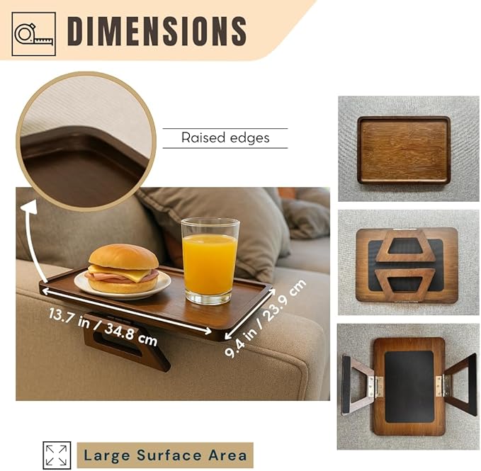 Sofa Table Tray - Bamboo Couch Armrest Table Universal Fit - Sofa Table With Non-Slip Pads to Keep Things in Place -13 x 9.5 Inch – Armrest tray table for couch – (Brown)