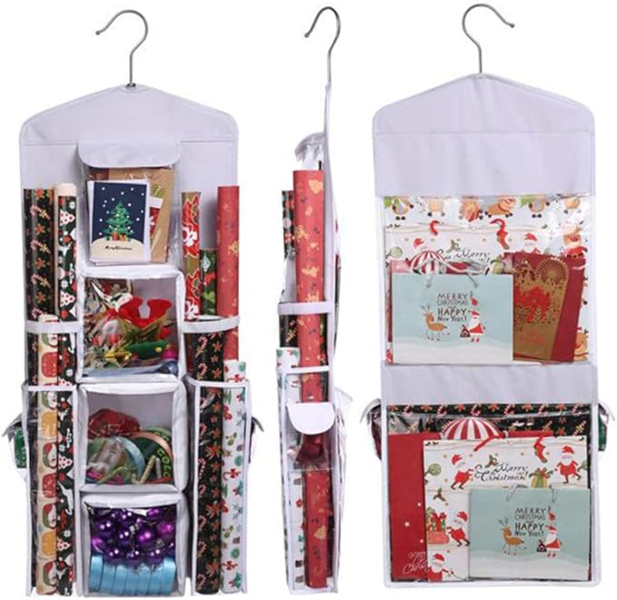 Wrapping Paper Storage Bag, Christmas Wrapping Paper Organizer 37.40x5.51 Inch Large Capacity Wall Hanging Double-Sided Transparent with 10 Pockets Space-Saving Rear Storage Bag with Zipper