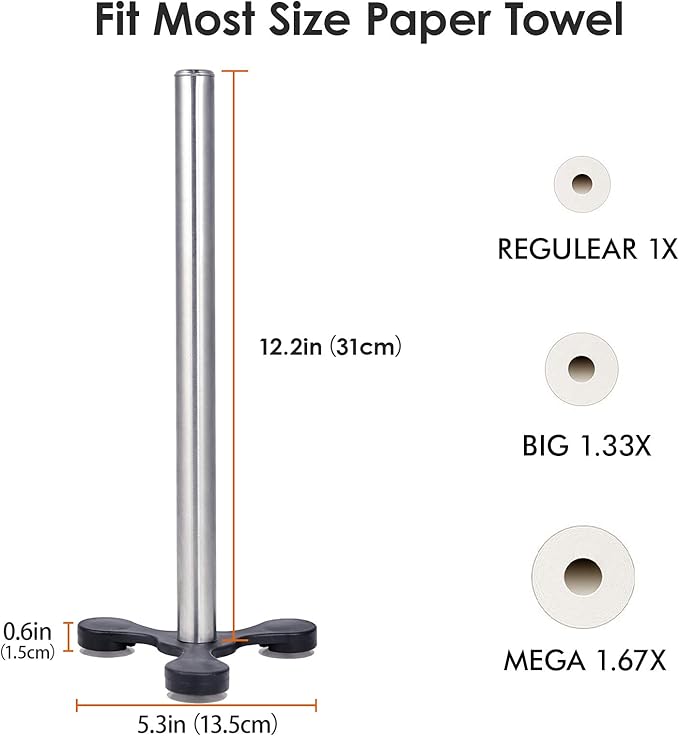 TOPKITCHEN 2 Pcs Stainless Steel Countertop Paper Towel Holder, Heavy Duty Weighted Base with Suction Cups, Free Standing Kitchen Roll Holder for Wall or Table