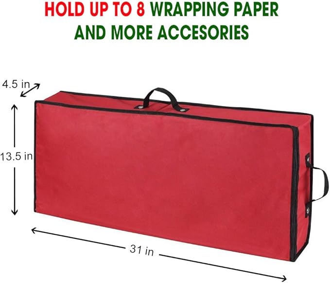 Primode Wrapping Paper Storage Container | Under Bed Gift Wrap Organizer for 30 Inch Rolls | 31”x13.5”x4.5” | 600D Oxford Material | Box Holder with Pockets for Ribbon, Bows, and Accessories (Red)