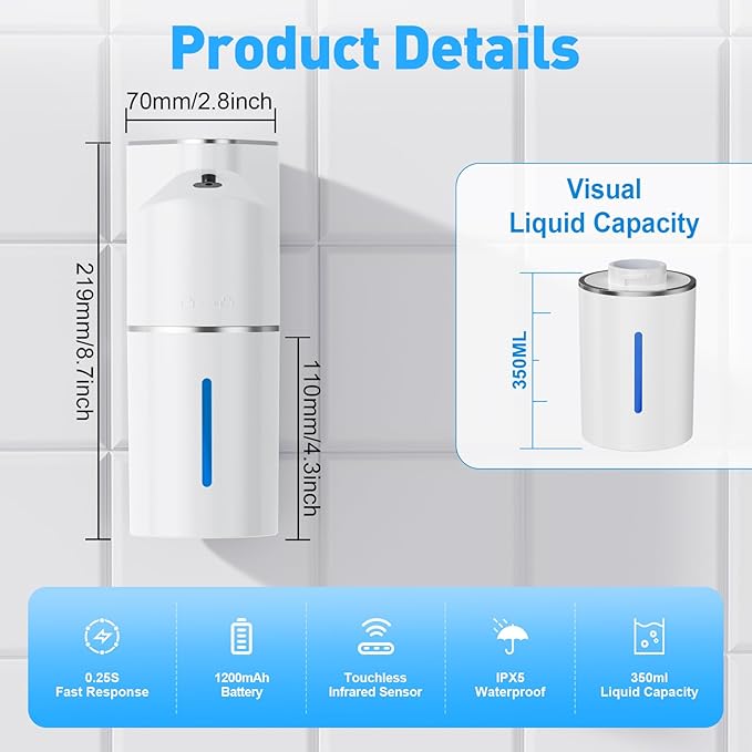 Fantictas Automatic Soap Dispenser,Touchless Hand Wall Mount Rechargeable 3 Gear Adjustable Electric Soap Dispenser 350ml with Infrared Motion Sensor for Bathroom,Kitchen,Office, White Foam
