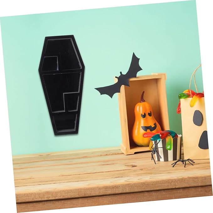 NOLITOY Desktop Organizer Coffin Shaped Storage Rack for Gothic Decor Halloween Display Shelf for Candles Books and Figurines Unique Storage for Spooky Collections