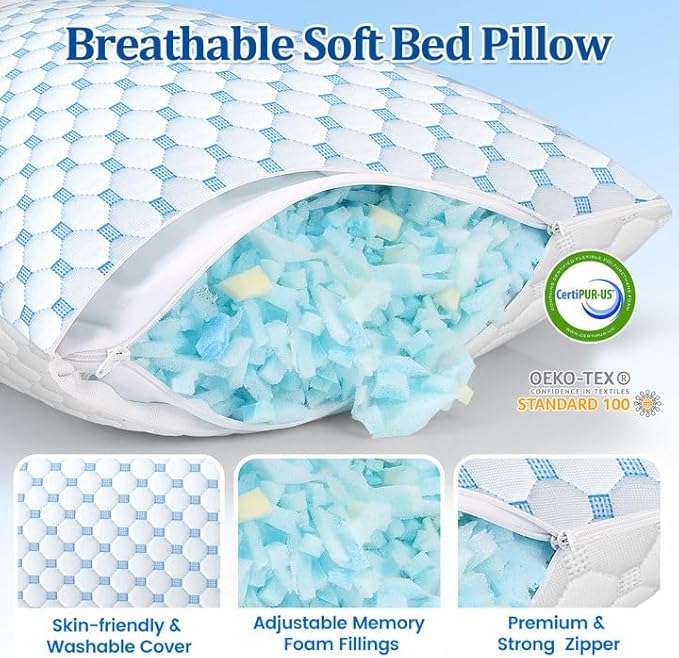 CloudBliss Cooling Bed Pillows for Sleeping, Shredded Memory Foam Pillows with Washable & Breathable Pillowcase, Adjustable Height Pillow for Side, Back and Stomach Sleepers, King Size