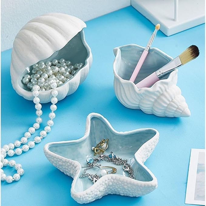 1 Pcs Conch Shape Ceramic Jewelry Tray, Multi-purpose Lovely and Luxurious Home Marine Decor, Ocean Style Earrings Necklace Storage for Rings, Watch, Key