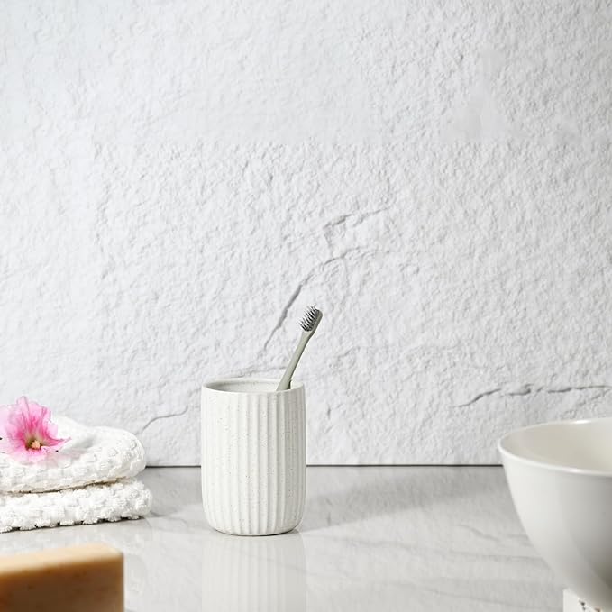 Speckled Matte White Ceramic Toothbrush Holder, Elegant Rippled Tumbler, Large Bathroom Organizer for Toothbrushes and Toothpaste, Pen Holder, Matte Speckled White