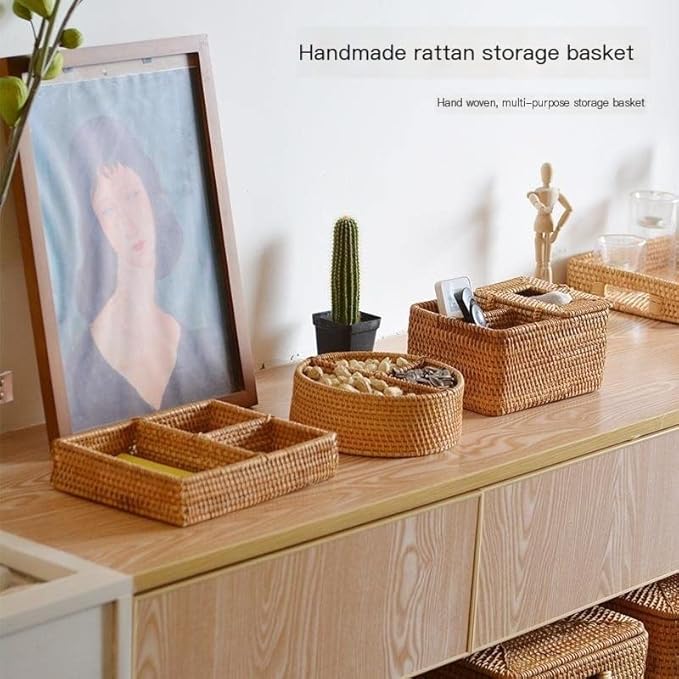 1 Pack Rattan Woven Manual Storage Ornaments, Coffee Table Storage Basket, Remote Control Mobile Phone Household Storage Ornaments