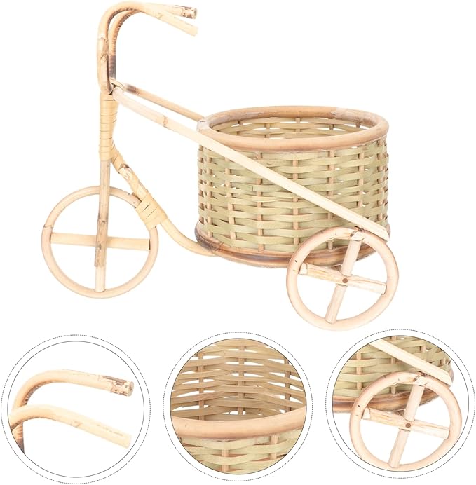 VOSAREA Handmade Rattan Tricycle Basket Mini Bamboo Pen Organizer for Desktop Decor Creative Storage for Home Office and Parties